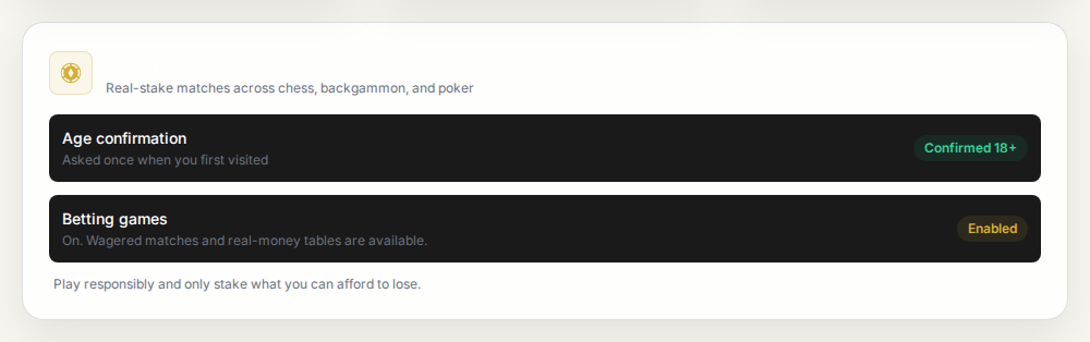 The Betting Games section on your profile, showing it enabled alongside your age confirmation