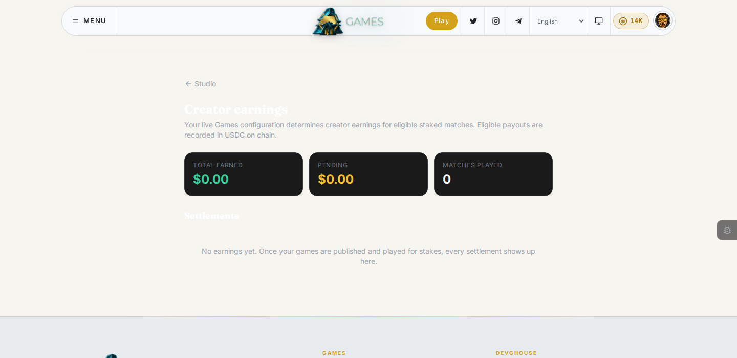 The Creator earnings page, with total earned, pending, and matches played