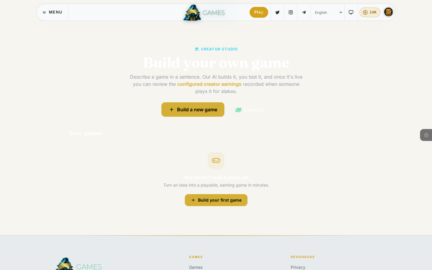 The Game Studio home page, with Build a new game and your own games below