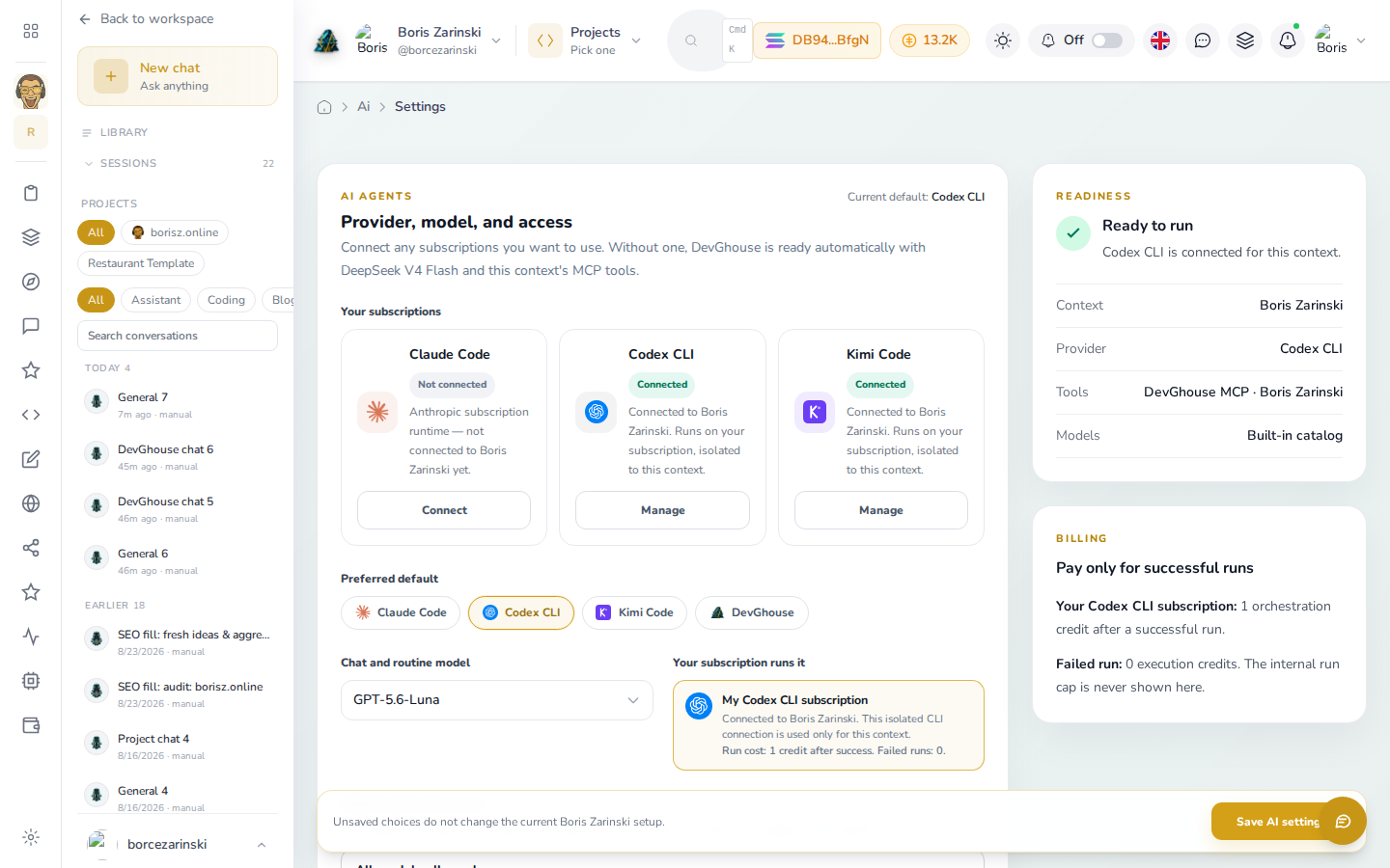 AI Settings page showing the three AI agent provider cards
