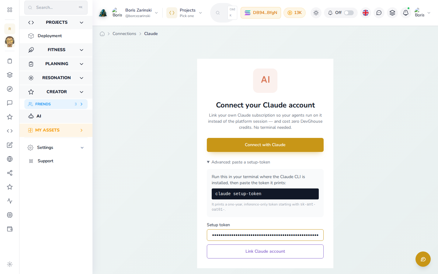 Connect your Claude account page with Advanced: paste a setup-token expanded, a token pasted in, and Link Claude account live
