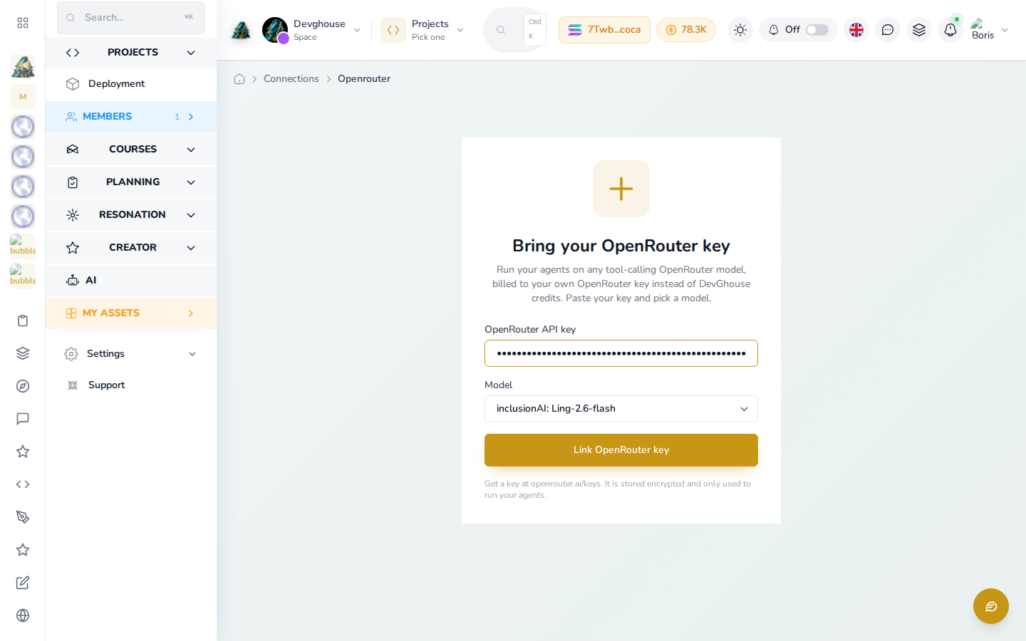 Bring your OpenRouter key page with the key pasted in, a model selected, and Link OpenRouter key live