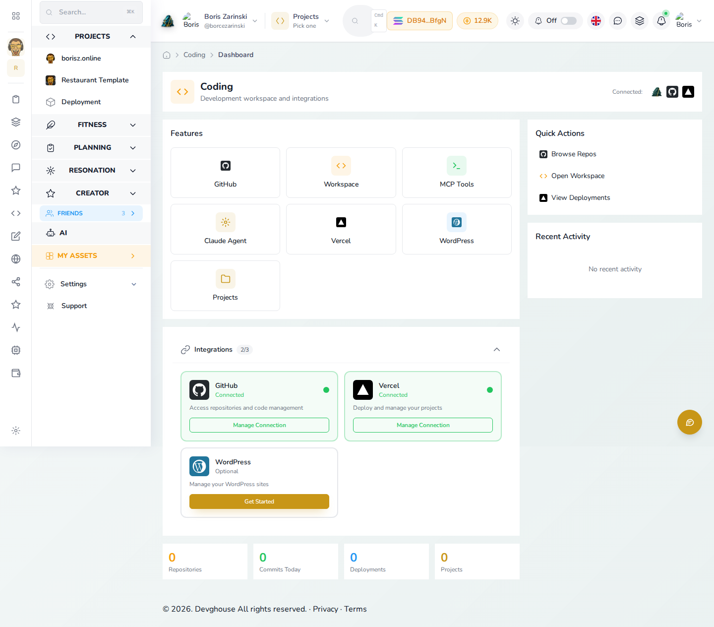 Coding dashboard with GitHub and Vercel both connected
