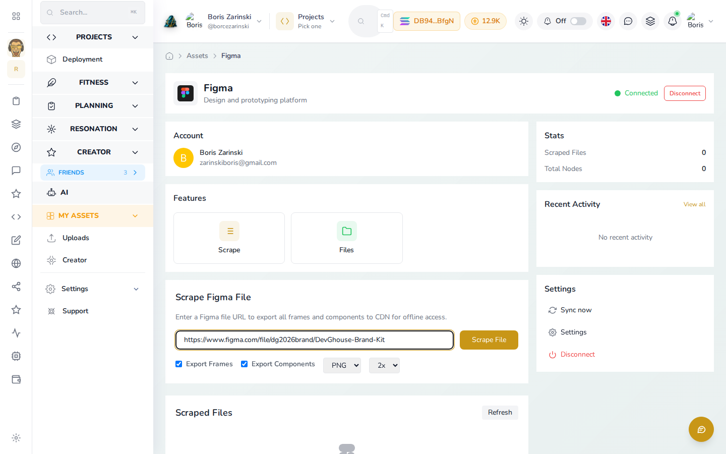 Figma page connected, with a file URL pasted into Scrape Figma File, Export Frames and Export Components checked, and Scrape File live