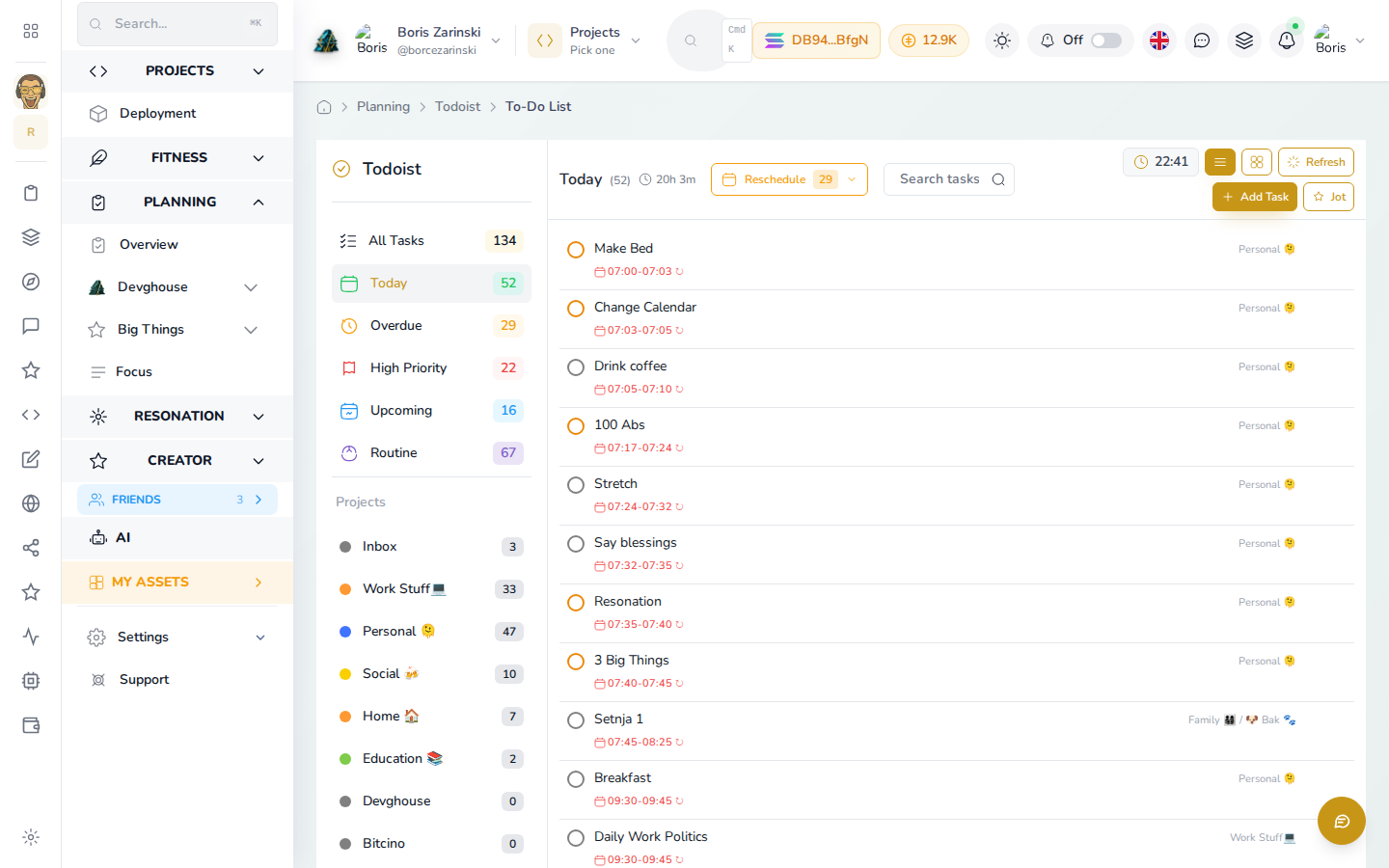 Todoist To-Do List view, connected, with real synced projects in the sidebar and today's tasks listed with their times