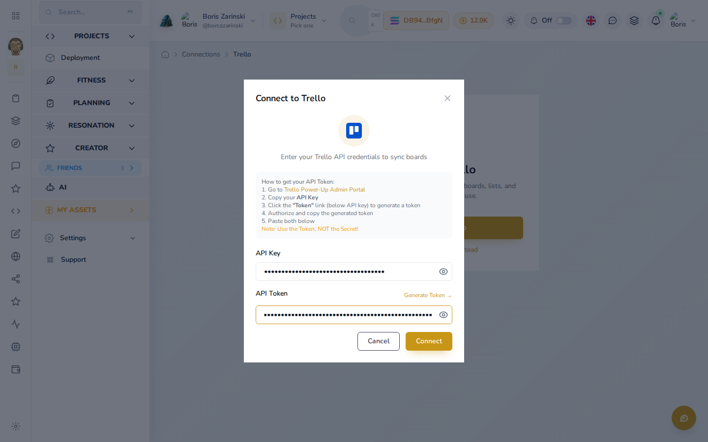 Connect to Trello dialog with the API Key and API Token fields filled in and Connect live