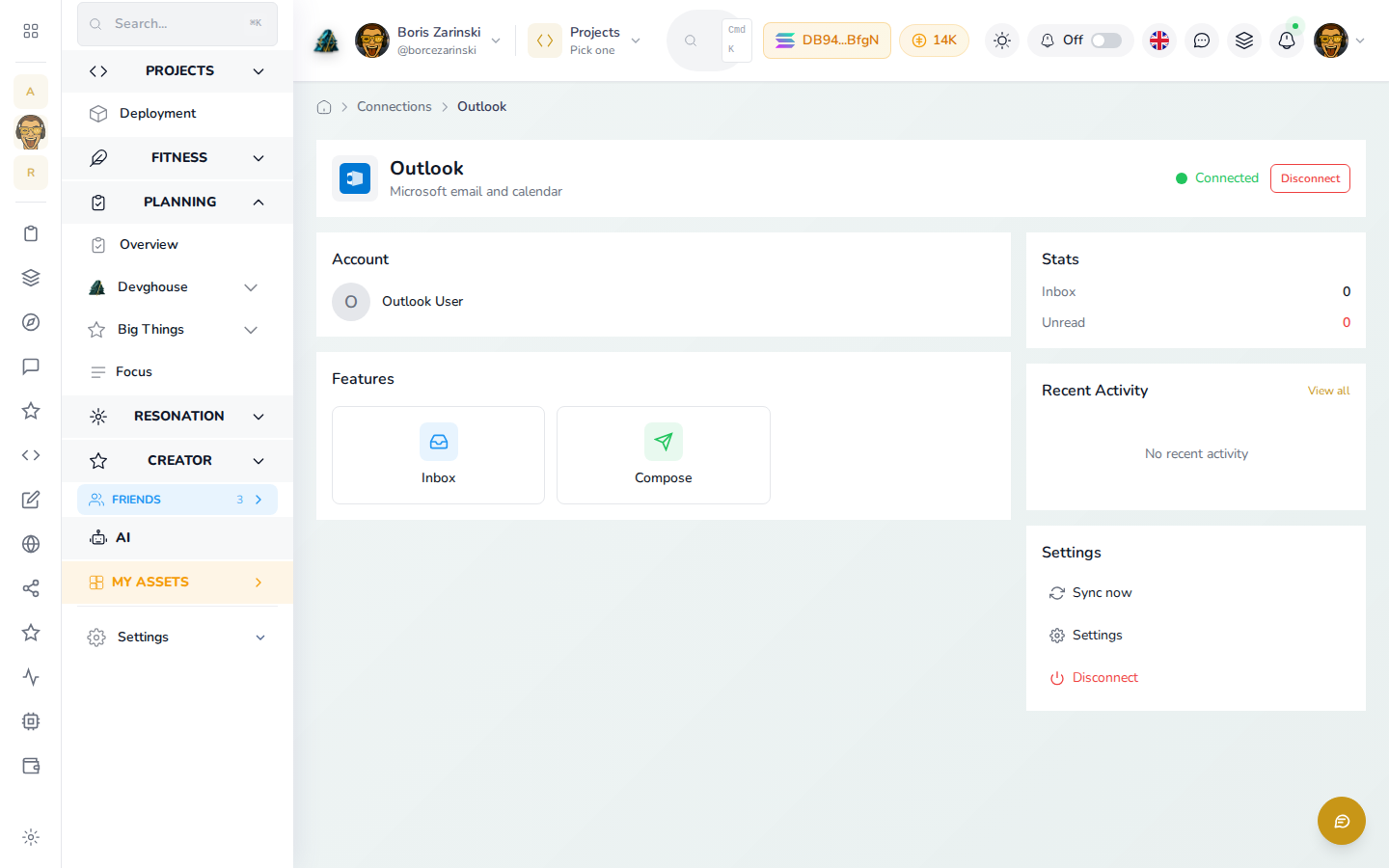 Outlook connection page, connected, showing account and inbox stats