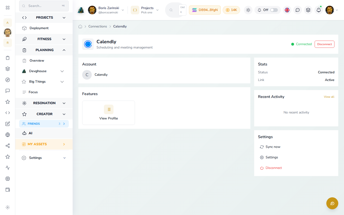 Calendly connection page, connected