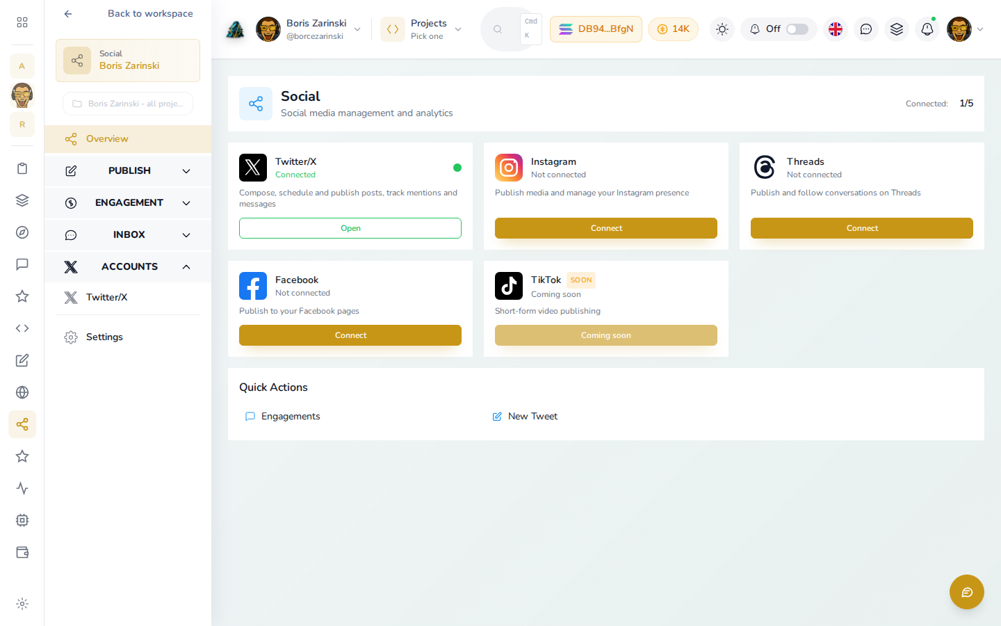 Social dashboard showing Twitter/X connected and other networks not yet connected