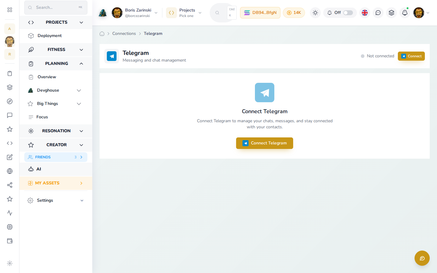 Connect Telegram page, not yet connected