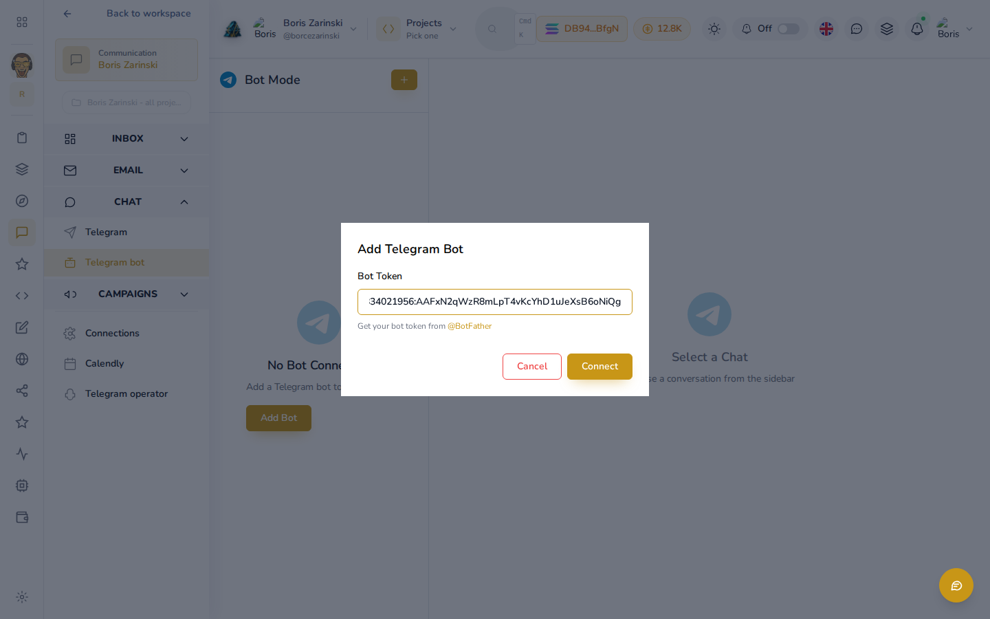 Add Telegram Bot dialog with a bot token pasted in and Connect live