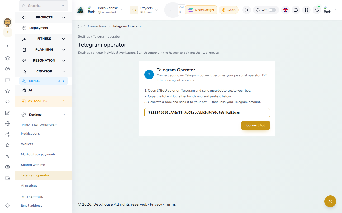 Telegram operator settings page with a bot token pasted in and Connect bot live