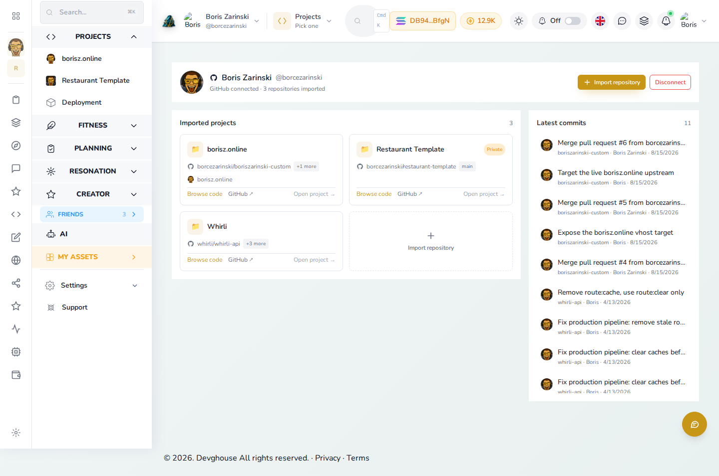 GitHub page connected, listing imported repositories and their latest commits