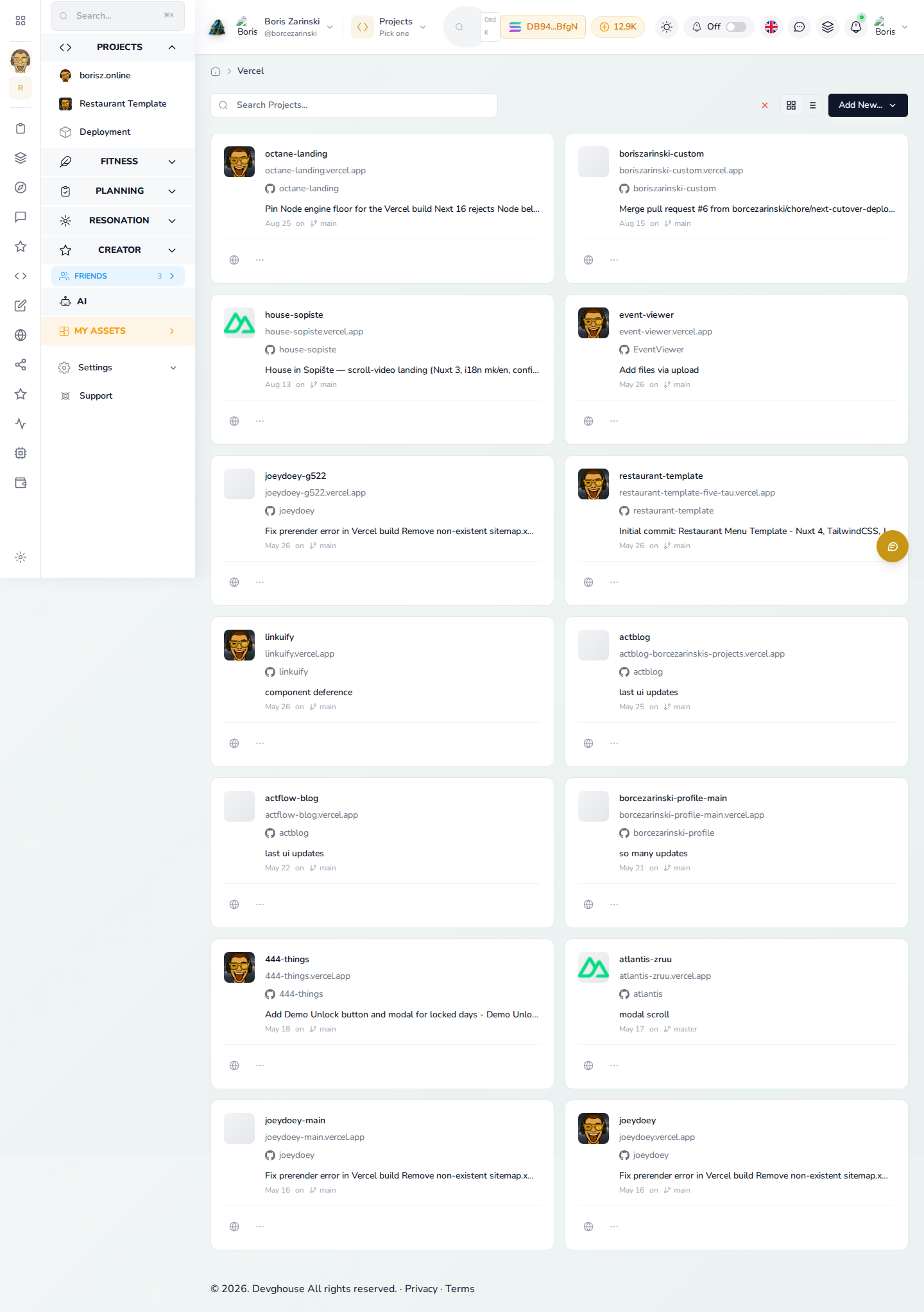Vercel projects page connected, listing real deployments with their latest commit message and branch