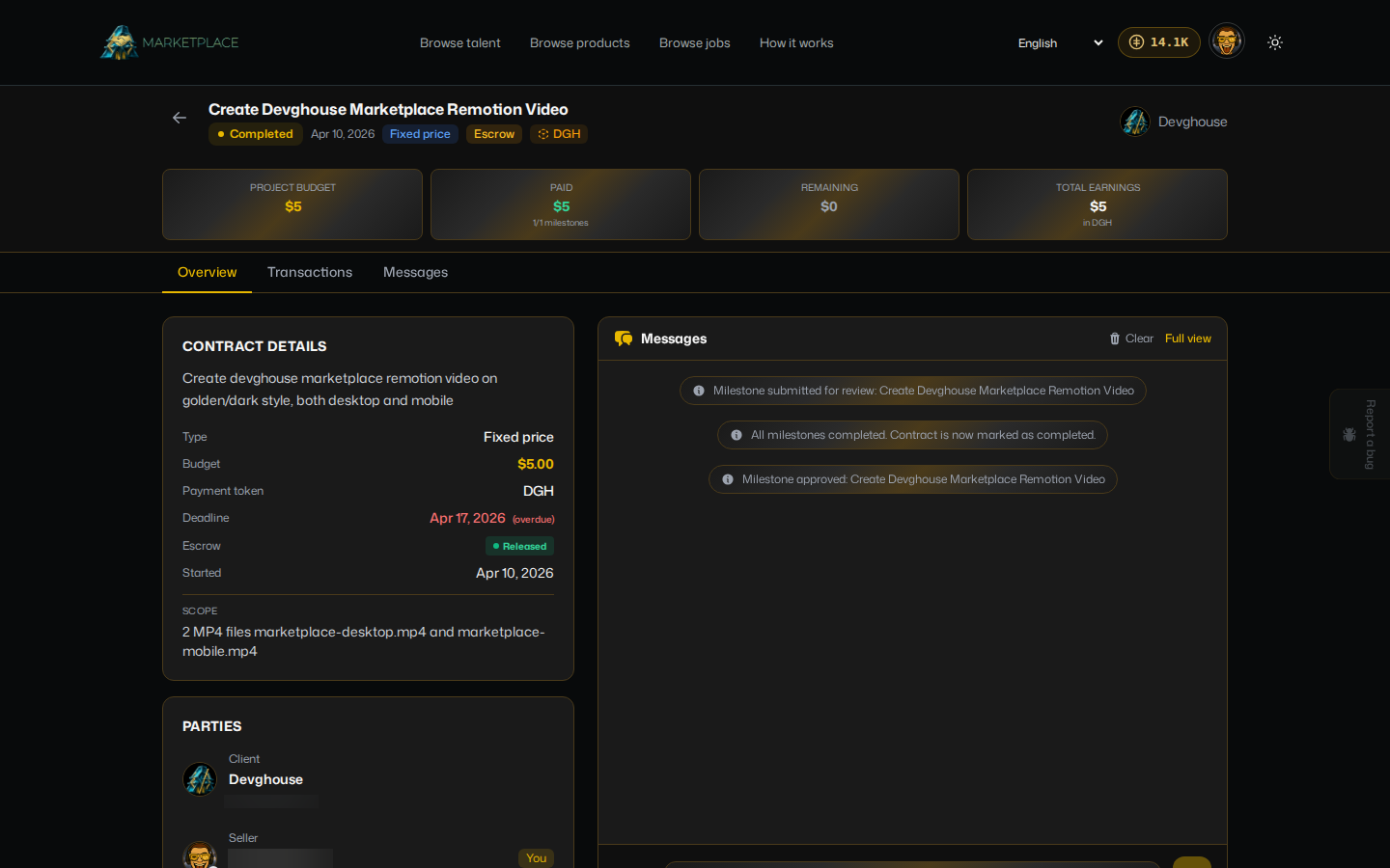 A contract's detail page: budget, paid so far, escrow status, scope, parties, and messages