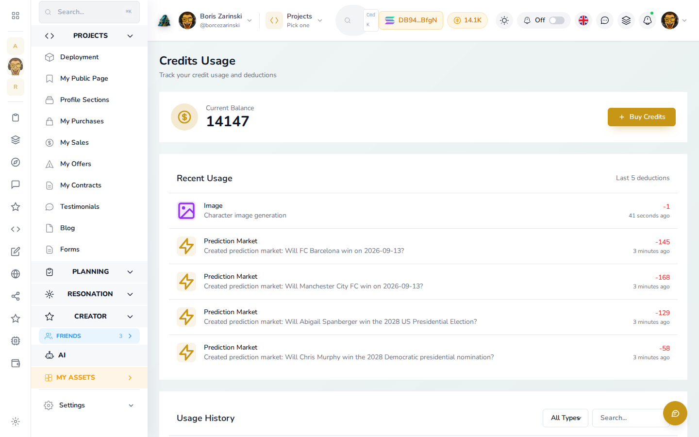 The Credits Usage page in your workspace: current balance, Buy Credits, and a recent usage log