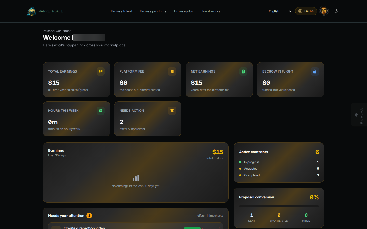 The Marketplace dashboard: earnings, active contracts, needs-your-attention inbox, and top listings