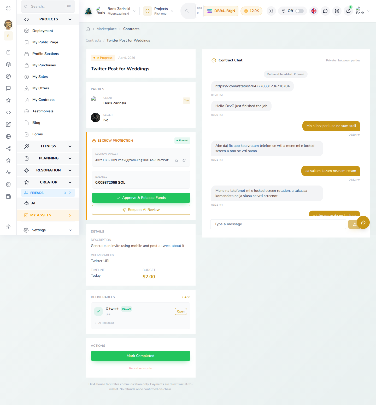 A fixed-price contract with its milestone funded (Escrow Protection: Funded, 0.0098 SOL in the wallet), a submitted deliverable scored 95/100, and Approve & Release Funds ready to click