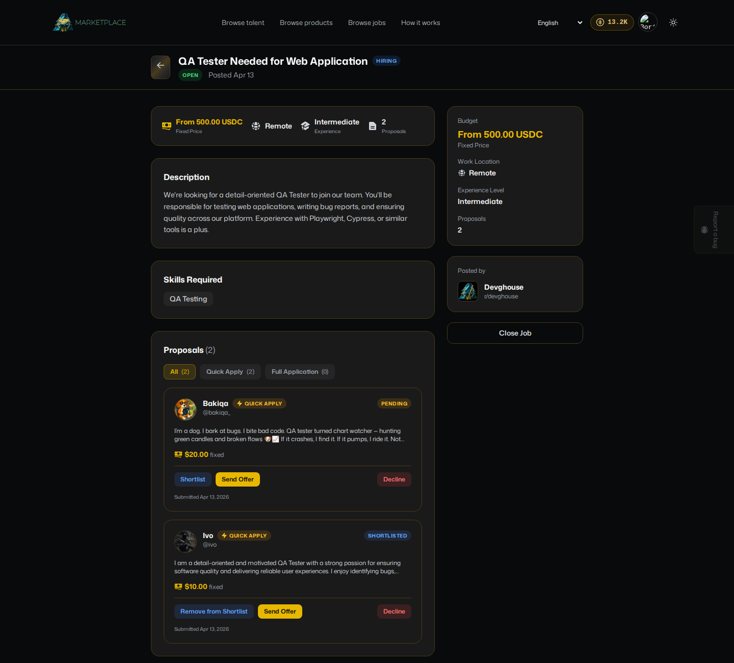 The detail page for a DevGhouse-posted job, budget and skills up top, and its 2 proposals listed below with a Shortlist button on each