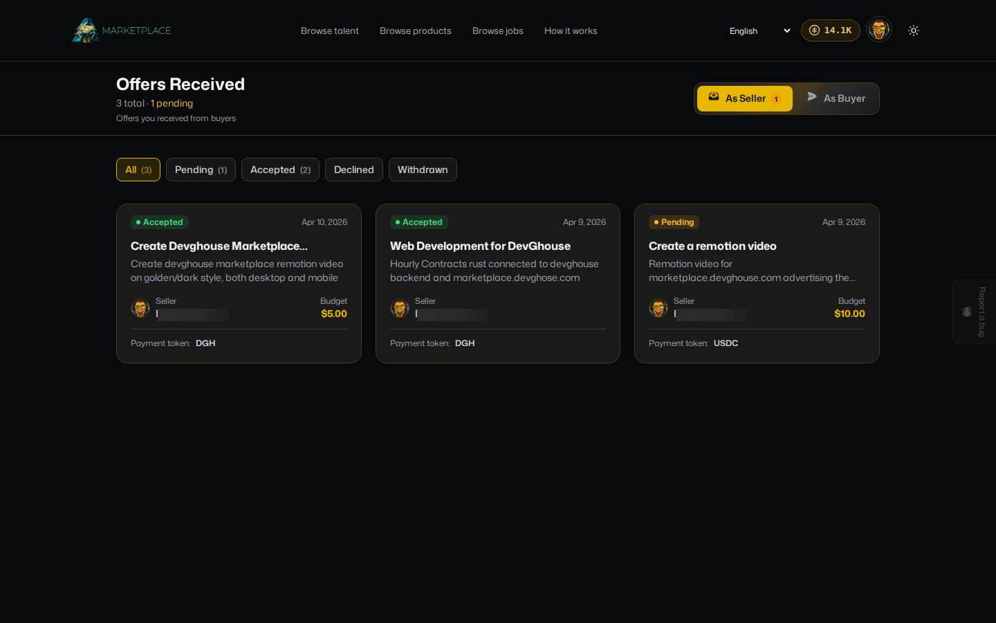 Offers received, showing Pending, Accepted, and Declined offers with their budgets and payment tokens