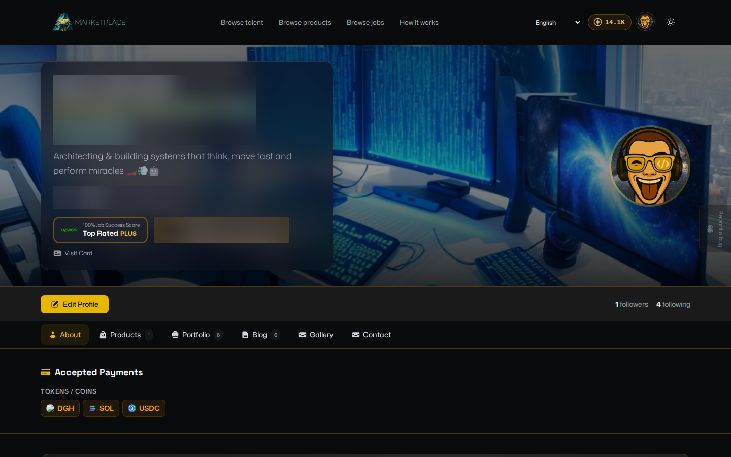 Your own marketplace profile page, with Edit Profile, followers, and tabs for Products, Portfolio, Blog, and Gallery
