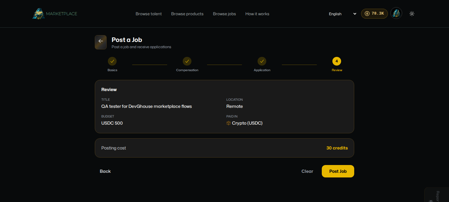 Step 4, Review: the finished job's title, location, budget, and payment token, with the posting cost in credits and a Post Job button
