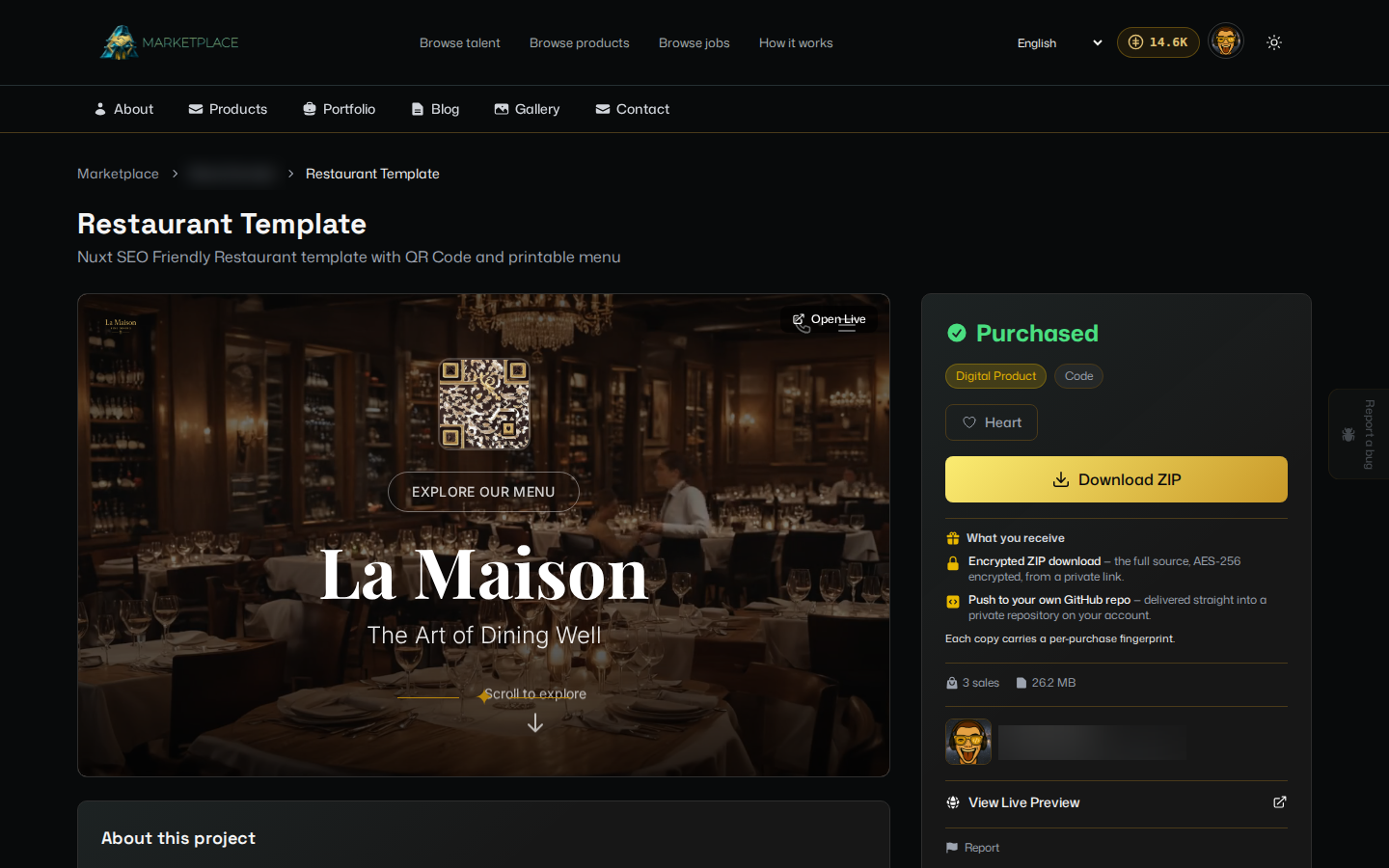 A product's detail page: price, what you receive, and the purchase button