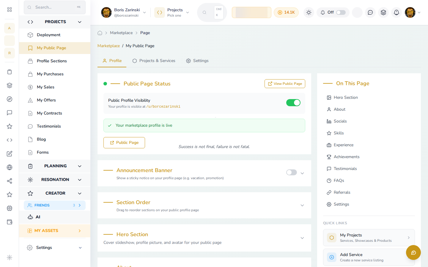 The My Public Page editor in your workspace, with tabs for Profile, Projects & Services, and Settings