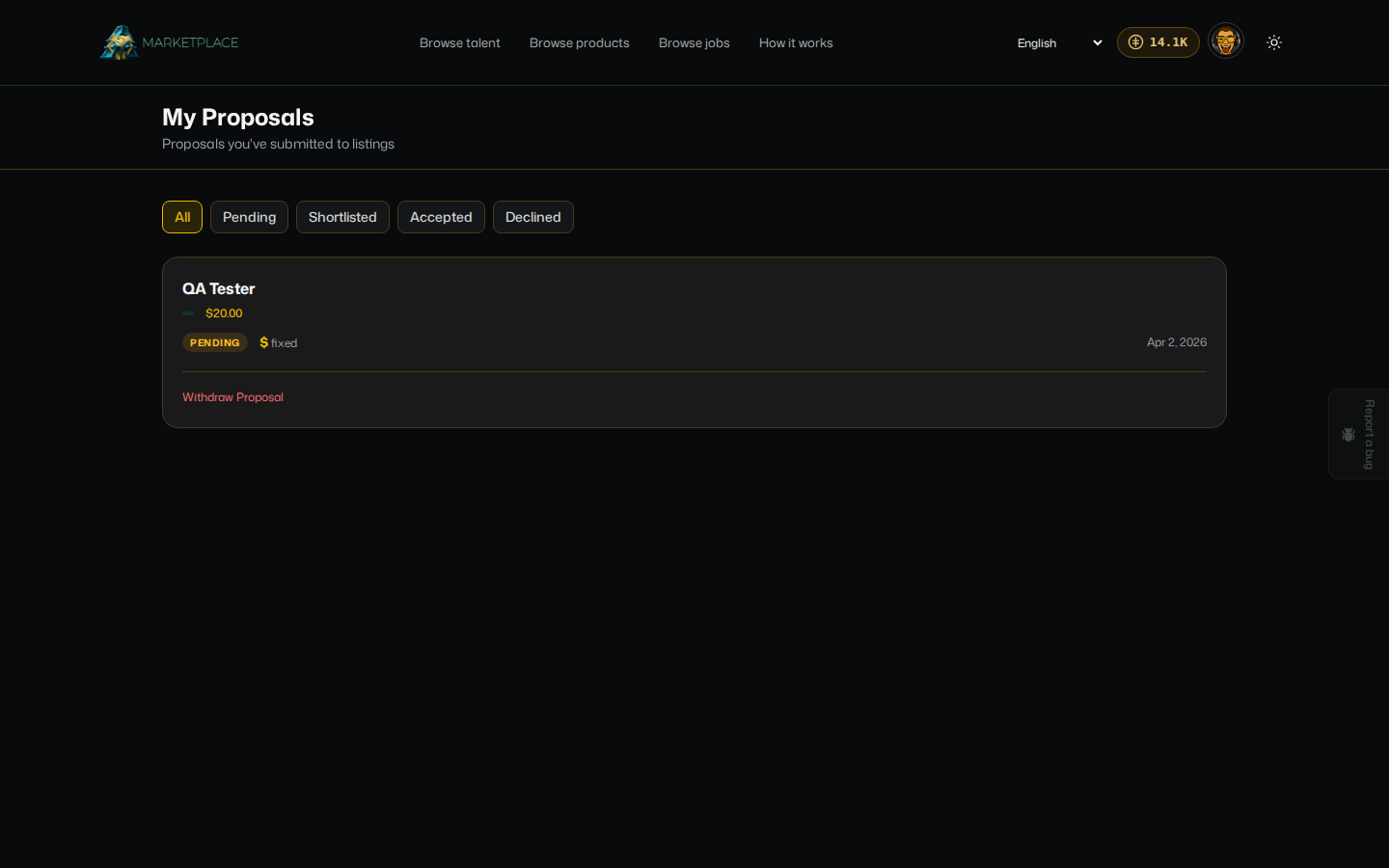 My Proposals, listing a submitted proposal with its status and a Withdraw option