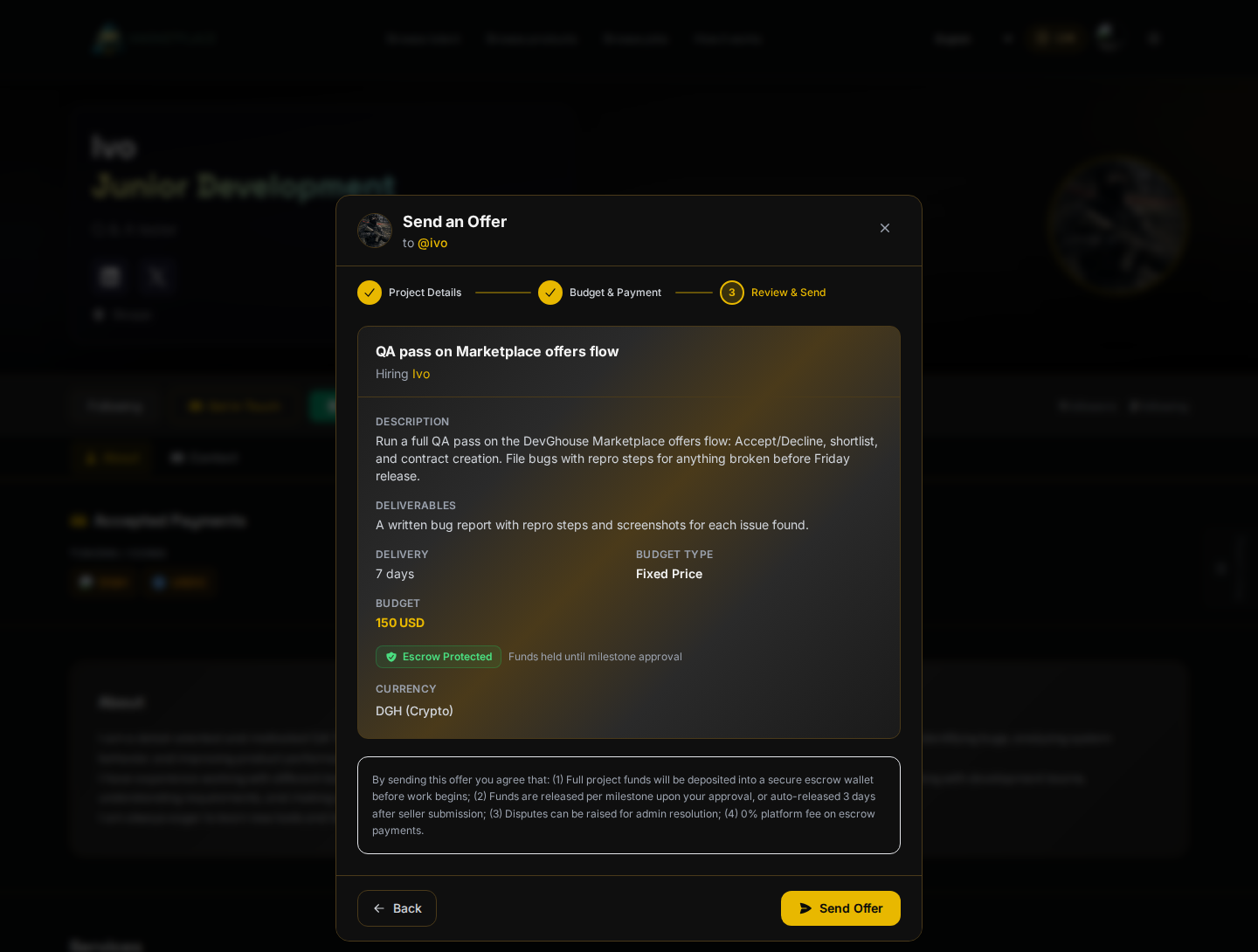 The Send an Offer dialog, Review & Send step, with title, description, deliverables, a 7-day delivery, a $150 budget, and DGH selected as the currency, ready to send