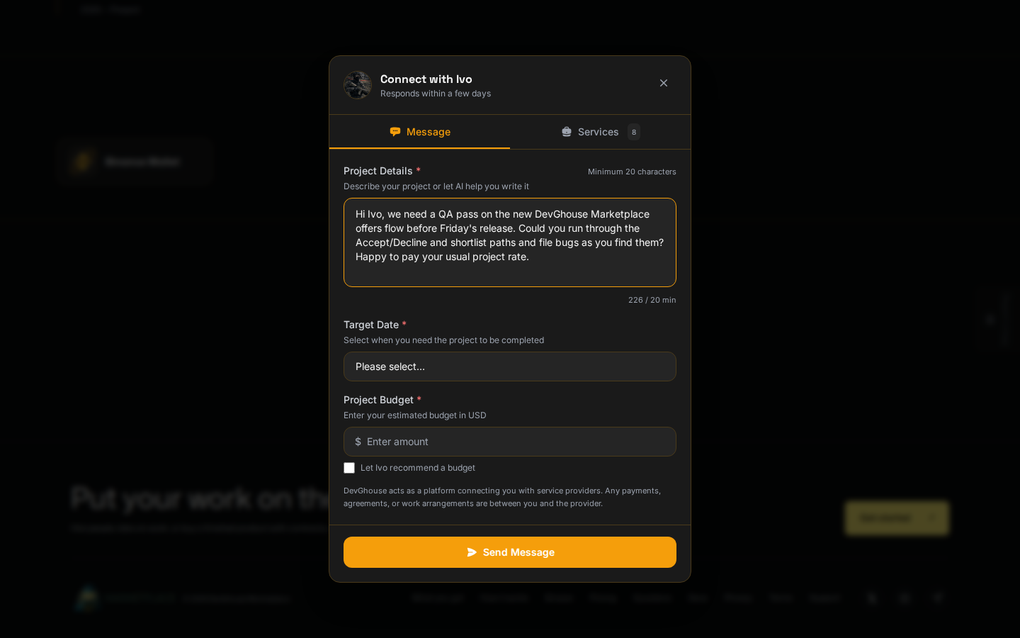 The Connect dialog on a talent profile, Message tab, with a project description already typed in and Target Date and Project Budget fields below it