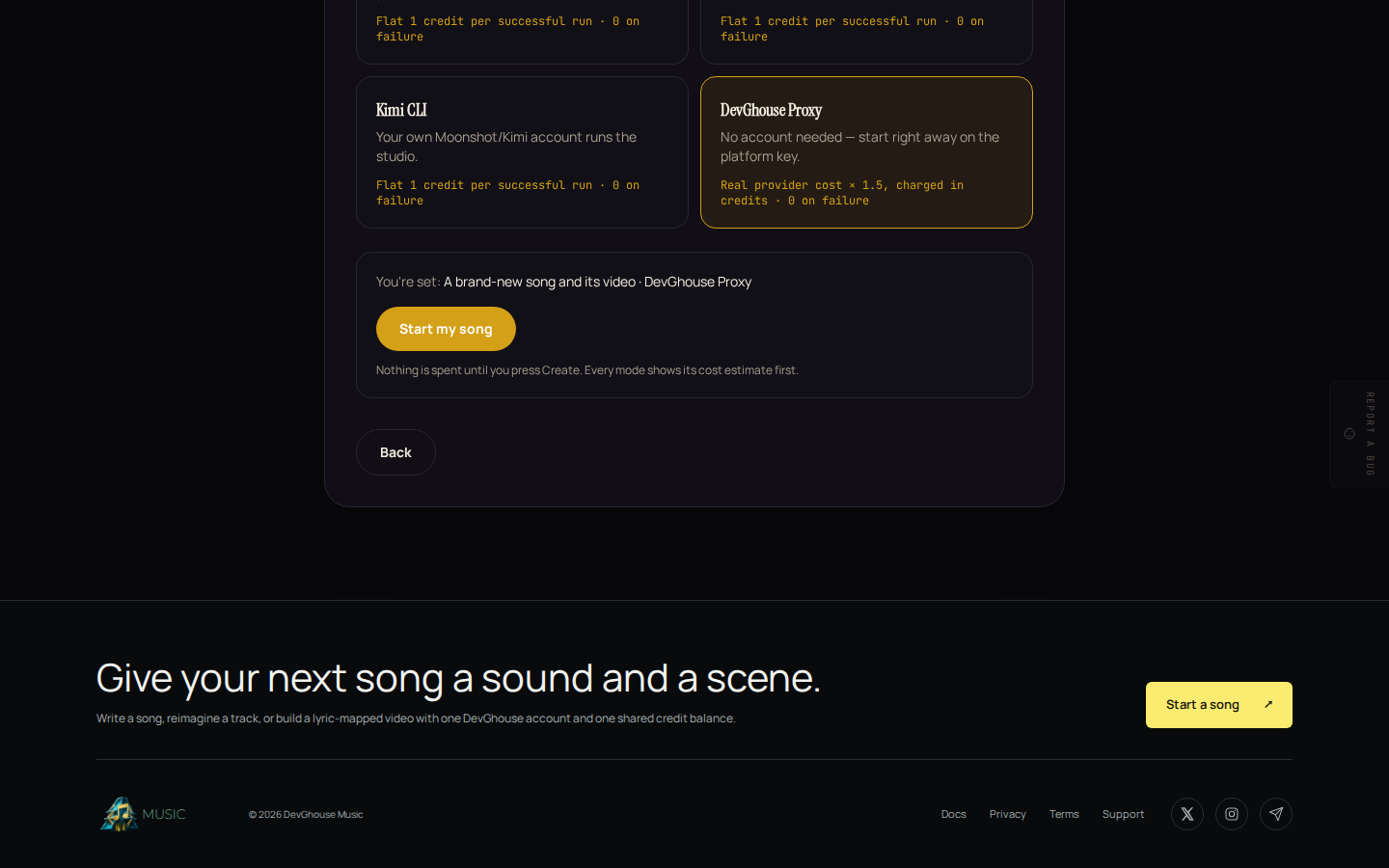Step 3 of the quick start with DevGhouse Proxy selected: "You're set" and an enabled Start my song button