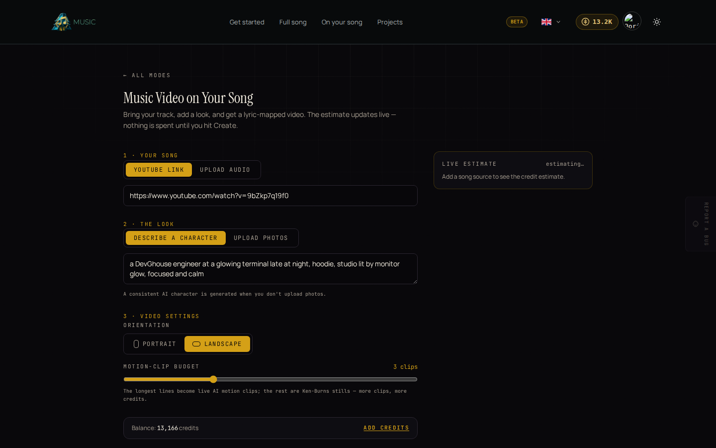 The Music Video on Your Song form, with the live estimate panel on the right