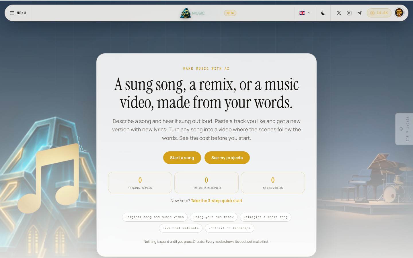 The Music home page, with the three ways to start and the live counts of what you've made