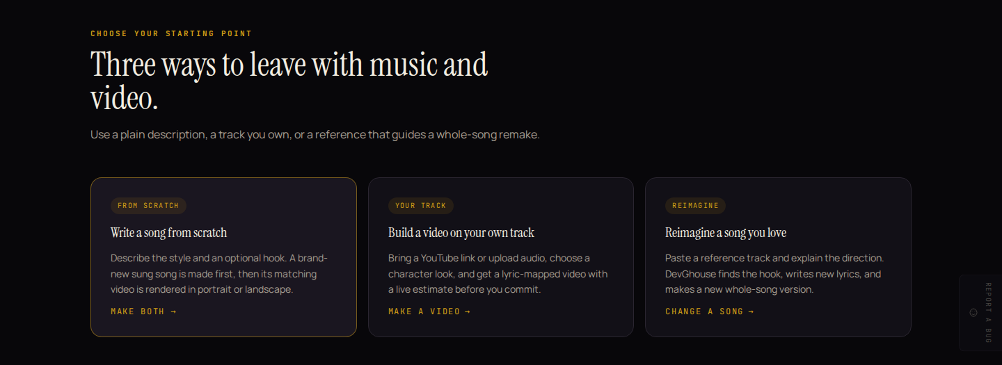 The three starting points: from scratch, your own track, or reimagining a song you love