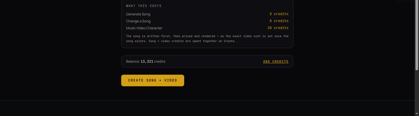 The Full Song form scrolled to "What this costs", with the per-action credit lines, your balance, and the Create button enabled