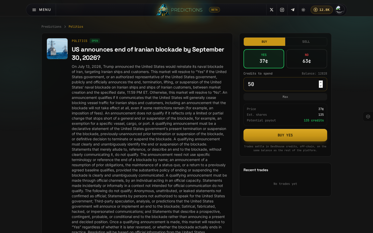 A signed-in trade: Yes selected, an amount typed, and the estimated shares and payout computed, ready to buy