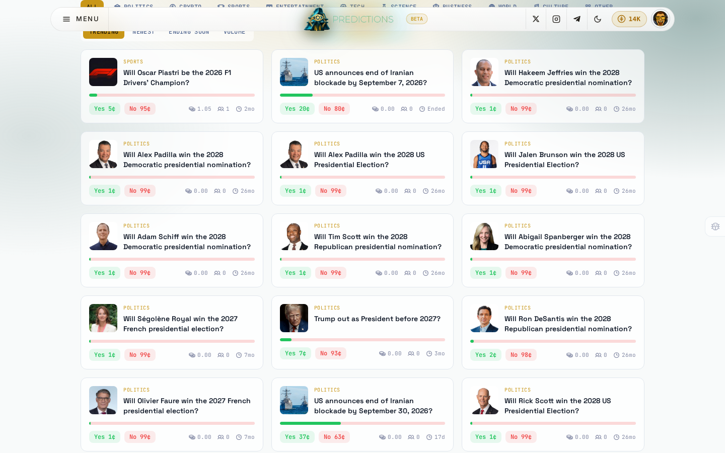 The market board on its default Trending view: category, question, live Yes/No prices, volume, traders, and time left on every card