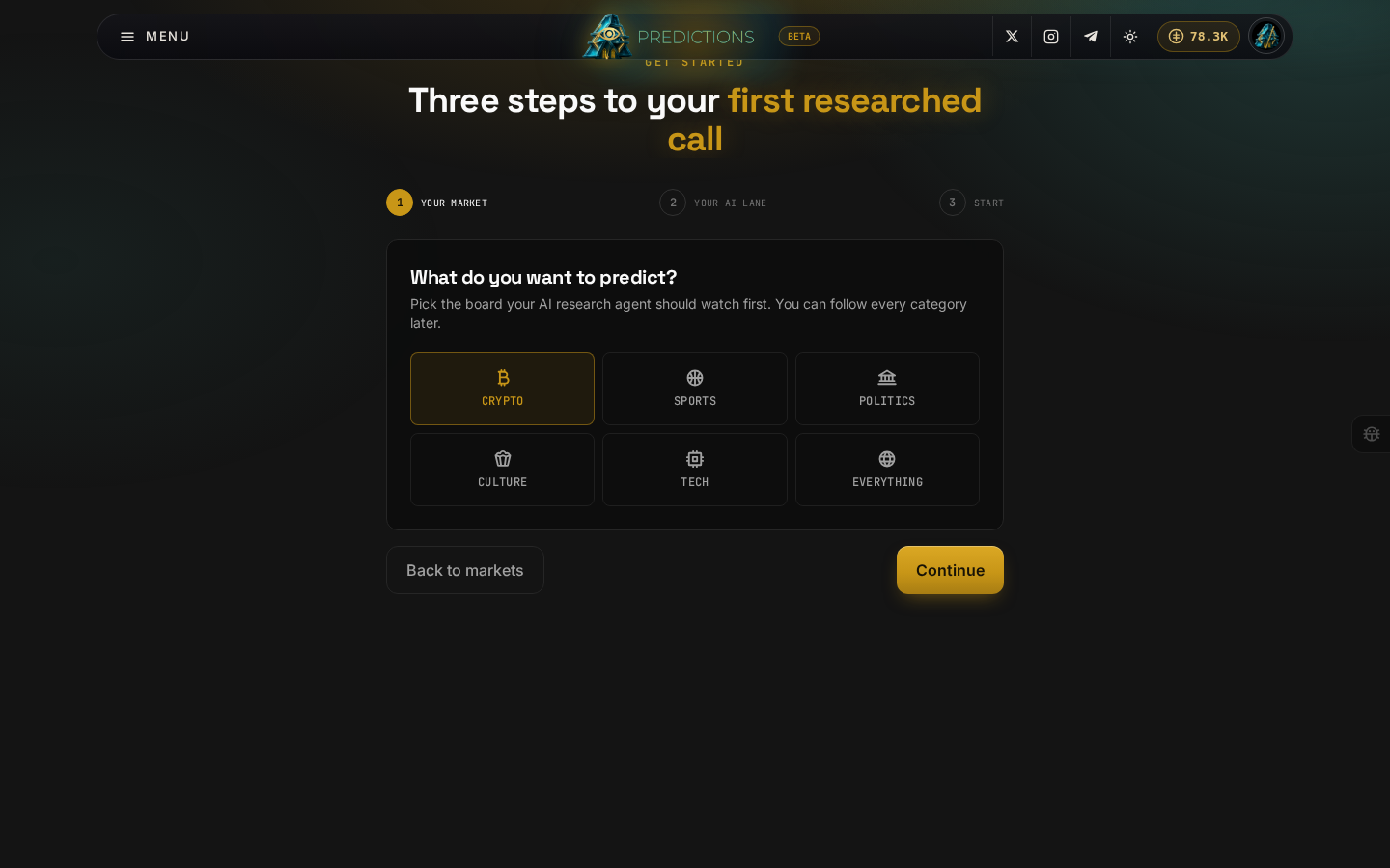 Step 1, with Crypto picked and Continue enabled