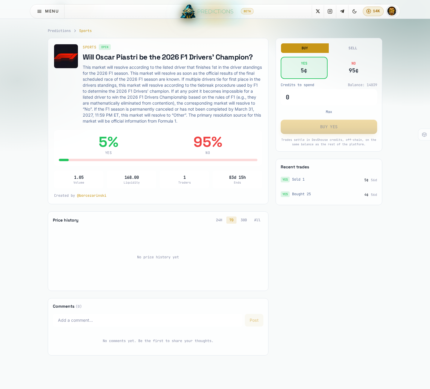 A market's detail page: rules, current odds, stats, price history, and comments