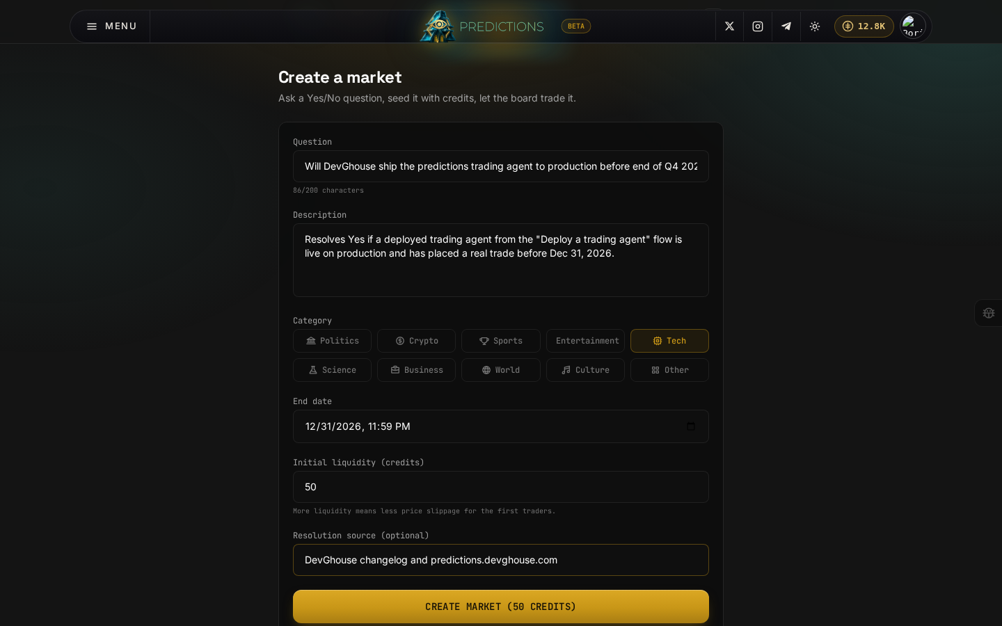 The create-a-market form, filled in with a question, description, Tech category, end date, liquidity, and resolution source, ready to submit