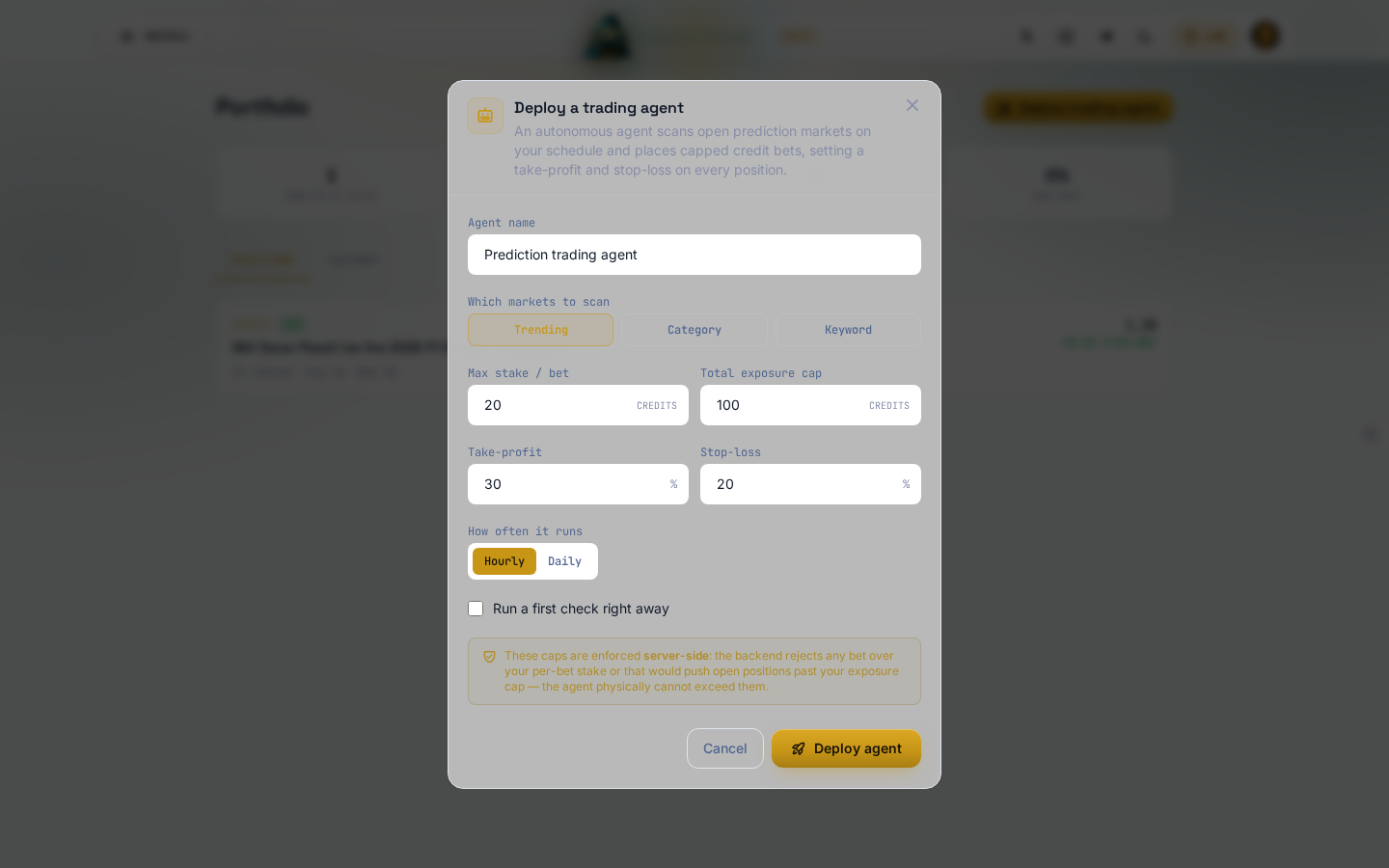 The Deploy a trading agent form, filled in