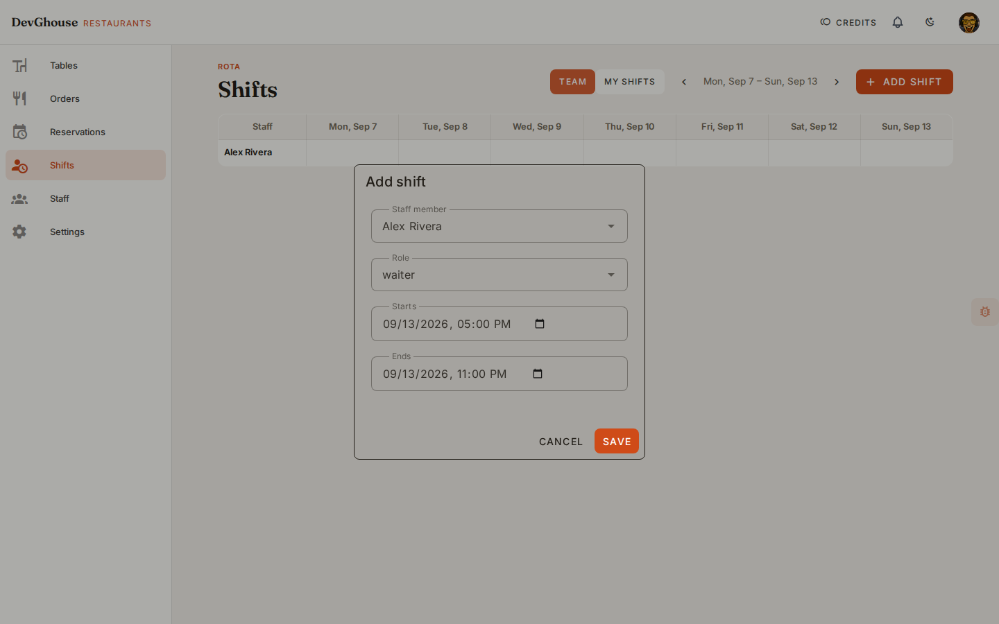 The add shift dialog: staff member, role, start and end time
