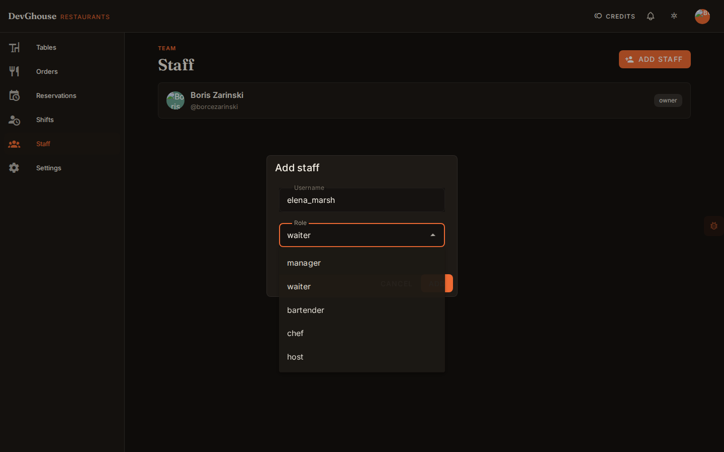 The add staff dialog with username elena_marsh entered and the role dropdown open on waiter