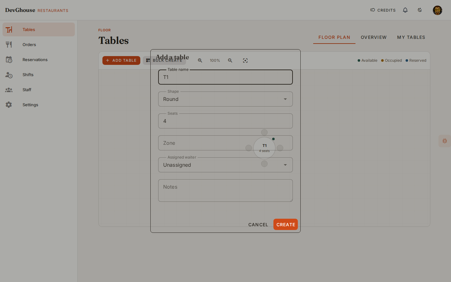 The add a table dialog, filled in with table T1, round, 4 seats