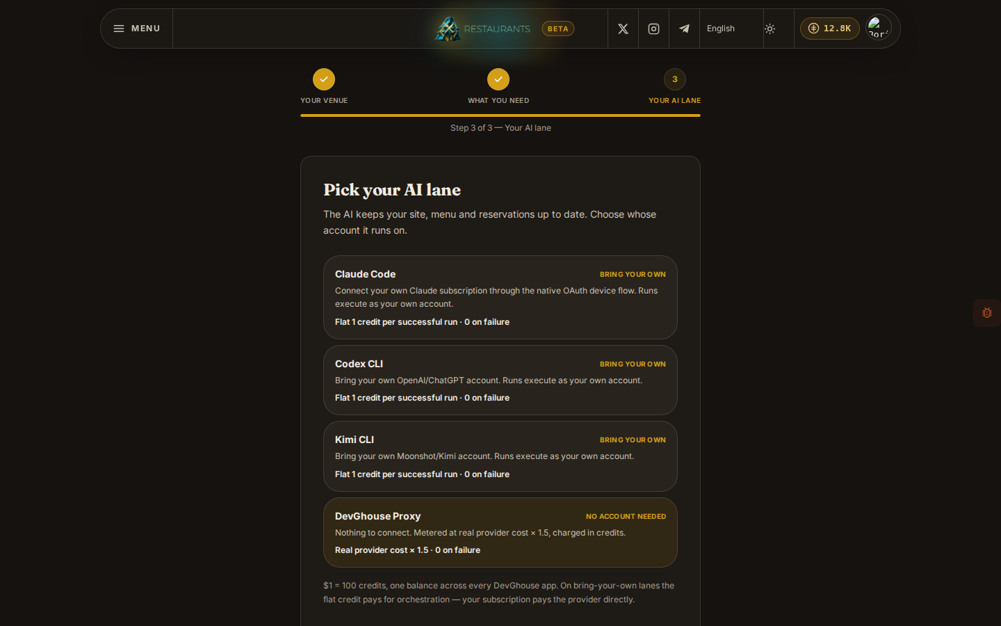 Step 3 of setup: four AI lane options with pricing, DevGhouse Proxy selected