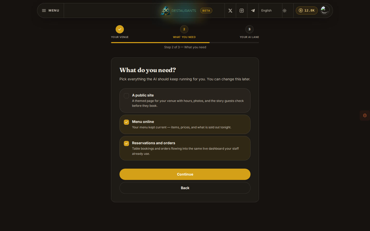 Step 2 of setup: Menu online and Reservations and orders selected, A public site turned off
