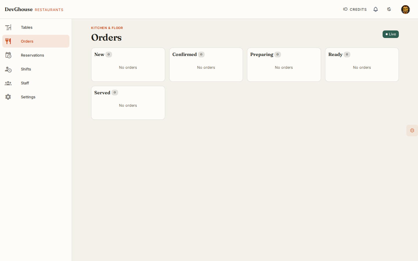 The orders board with five empty columns: New, Confirmed, Preparing, Ready, Served