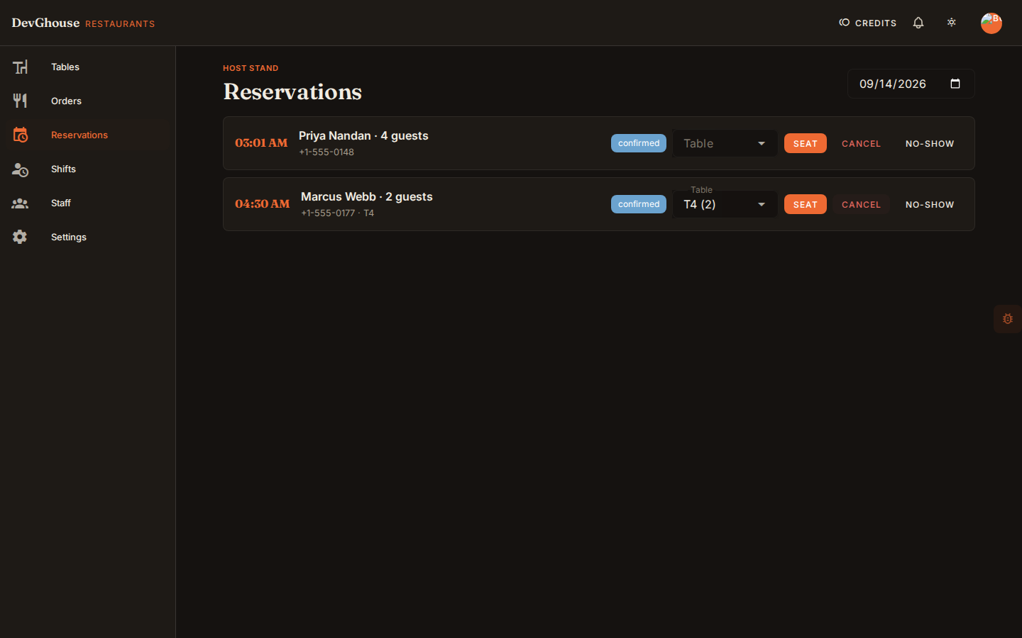 The reservations screen for two real bookings: Priya Nandan confirmed, and Marcus Webb confirmed onto table T4