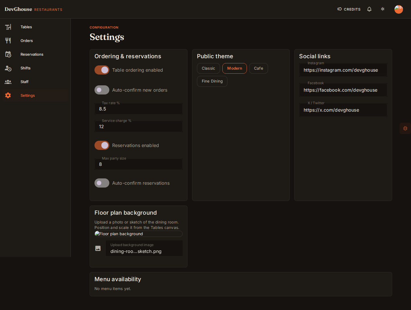 The settings page configured for DevGhouse Kitchen: an 8.5% tax rate and 12% service charge, the Modern public theme selected, DevGhouse's own Instagram, Facebook, and X links, and a floor plan background uploaded